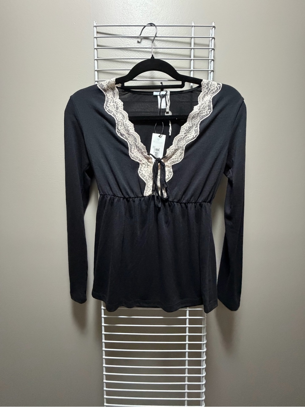 Eberjey Lady Godiva Long Sleeve Tee | Black/Beige Lace | Size Small